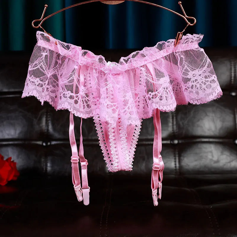 Sissy Lace Ruffled Pouch Panties with Garter Belt — Thong Bikini Lingerie for Men
