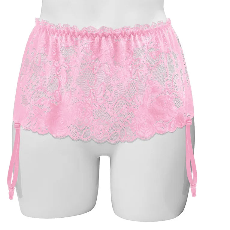 Sissy Skirted Lace Panties with Garter Belt — Sheer Mesh Femboy Bikini Underwear