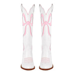 Load image into Gallery viewer, White Pointed Toe Pink Bow Knee High Western Boots
