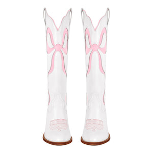 White Pointed Toe Pink Bow Knee High Western Boots