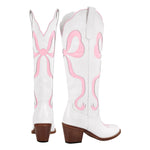 Load image into Gallery viewer, White Pointed Toe Pink Bow Knee High Western Boots
