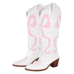 Load image into Gallery viewer, White Pointed Toe Pink Bow Knee High Western Boots
