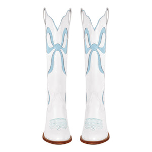 White Pointed Toe Pink Bow Knee High Western Boots