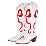 Load image into Gallery viewer, White Pointed Toe Pink Bow Knee High Western Boots
