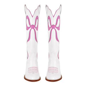 White Pointed Toe Pink Bow Knee High Western Boots