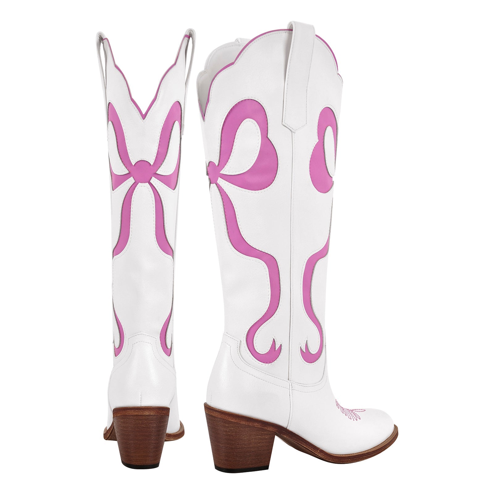 White Pointed Toe Pink Bow Knee High Western Boots