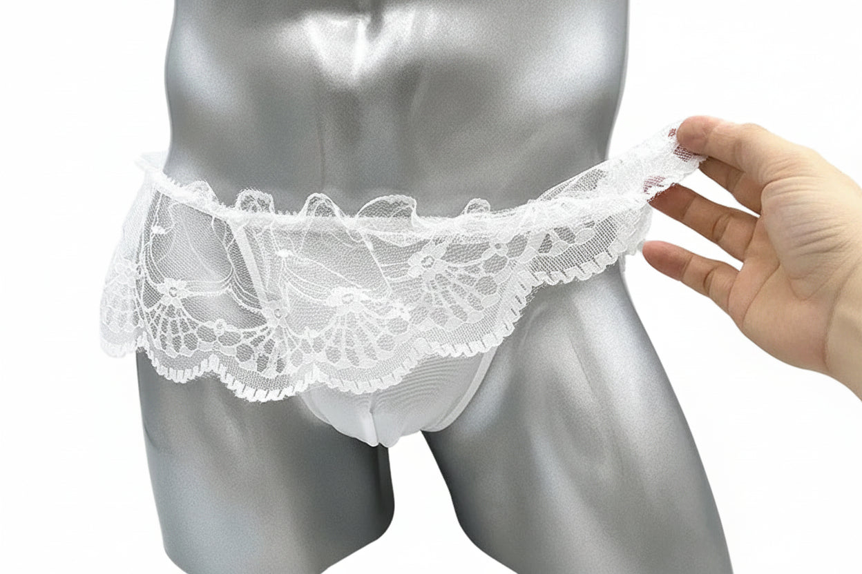"Sissy Klarity" Lace Mini Skirt Thong G-String for Men – Sheer Perspective Crossdresser Panties with Bugle Pouch & T-Back Design