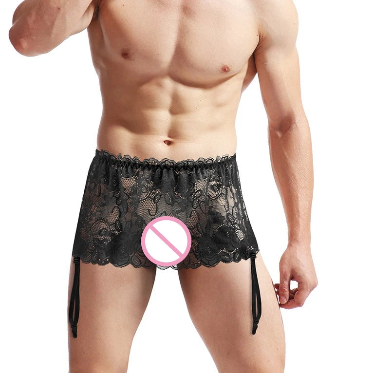 Sissy Skirted Lace Panties with Garter Belt — Sheer Mesh Femboy Bikini Underwear