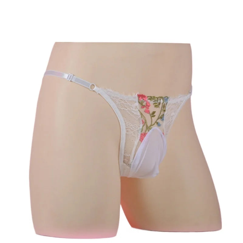 "Sissy Rynlee" Lace Embroidery Sheer Mesh Bikini Briefs — Feminine Crossdress Lingerie Panties