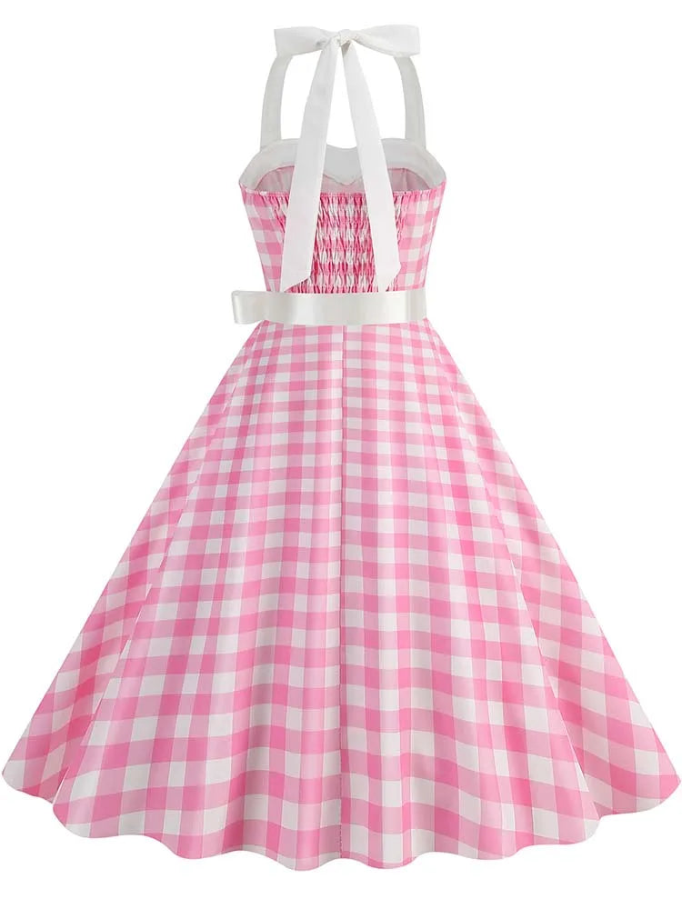 Polka Dot Halter Dress — Hepburn-Style 50s Vintage Party Dress with Belt