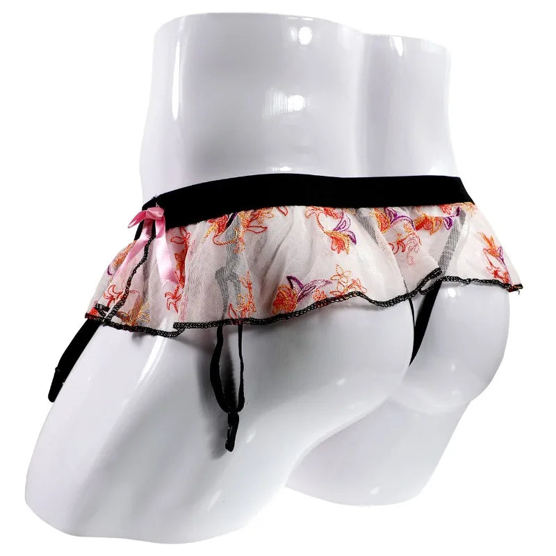 Sissy Skirted Ruffle Thong with Garter Belt & Bowknot — Sheer Lace G-String Bikini Briefs