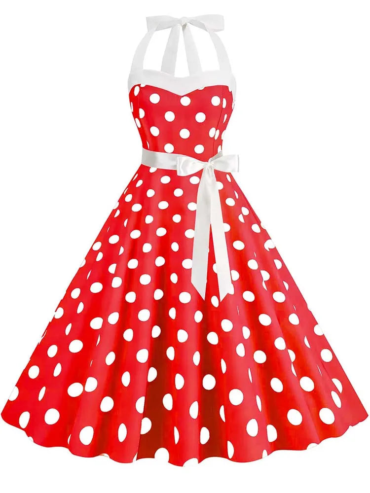 Polka Dot Halter Dress — Hepburn-Style 50s Vintage Party Dress with Belt