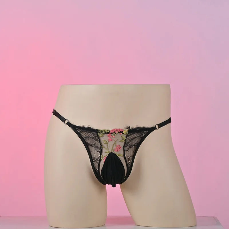 "Sissy Rynlee" Lace Embroidery Sheer Mesh Bikini Briefs — Feminine Crossdress Lingerie Panties