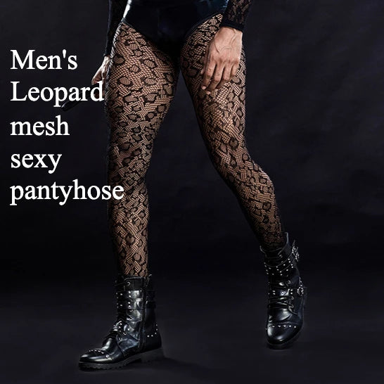 Midnight Leopard Mesh Pantyhose for Men | Black Stretch Tights