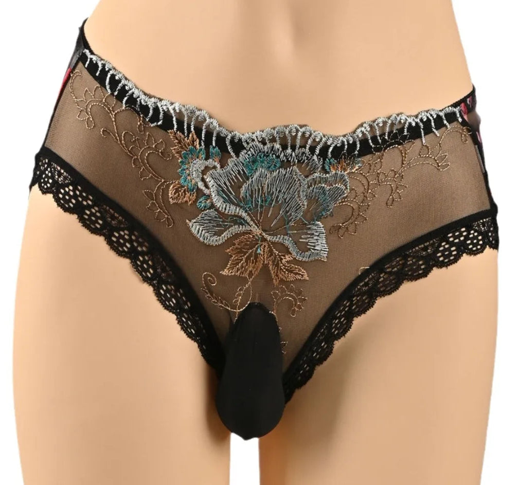 Embroidery Lace Sissy Pouch Panties for Men — Sheer Floral Briefs