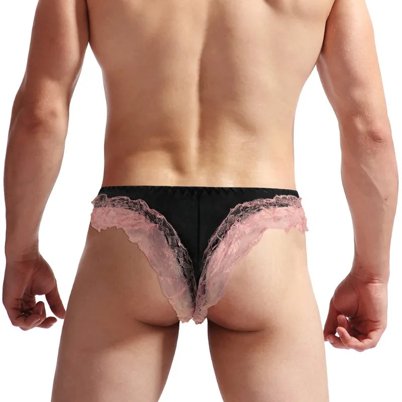 Sissy Satin & Lace Thong with Bugle Pouch — Frilly G-String Panties for Men