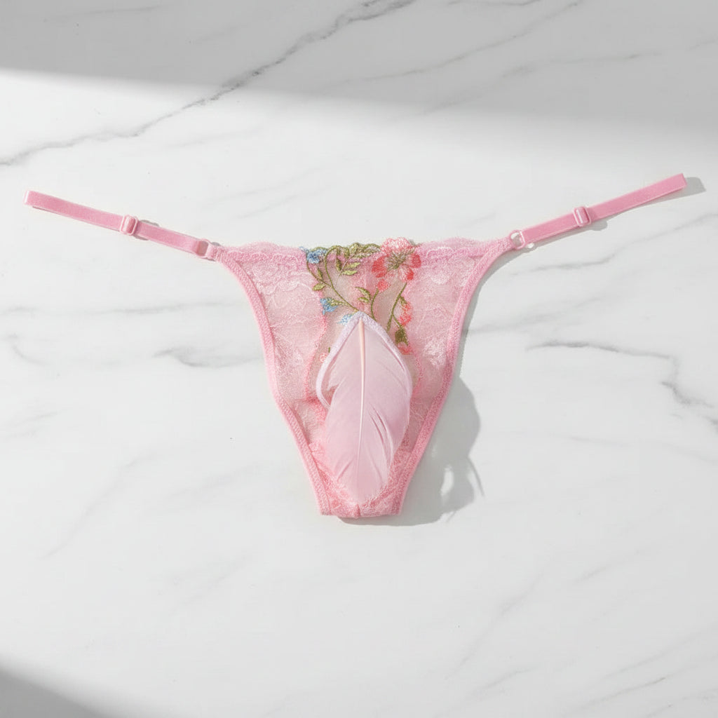 "Sissy Rynlee" Lace Embroidery Sheer Mesh Bikini Briefs — Feminine Crossdress Lingerie Panties