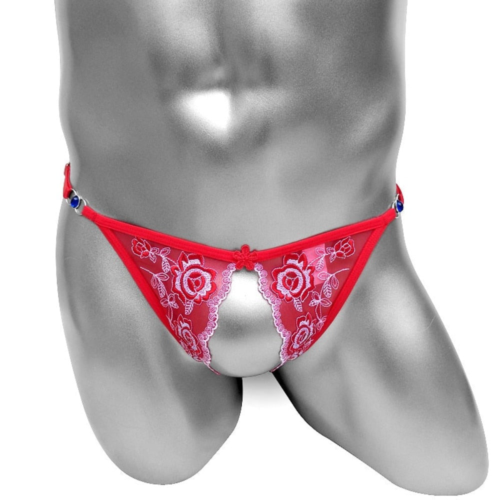 "Sissy Lina" Open Crotch Floral Embroidery Thong | Mesh & Lace G-String | Femboy Lingerie
