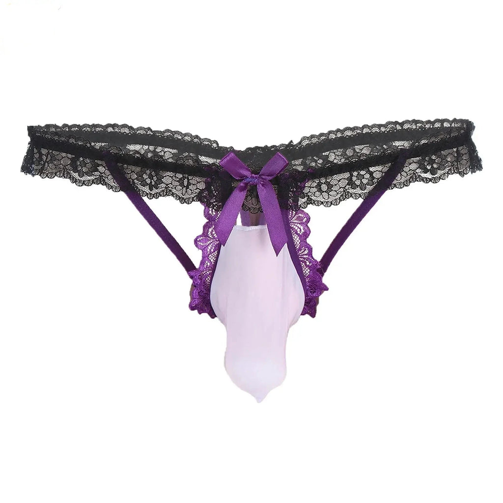 "Sissy Madelyn" Floral Lace Thong | Contrast Bow Cutout T-Back | Femboy Lingerie