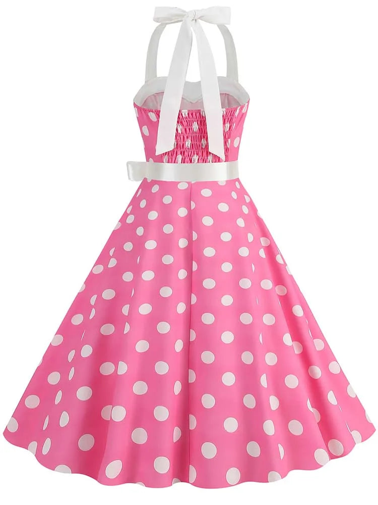 Polka Dot Halter Dress — Hepburn-Style 50s Vintage Party Dress with Belt