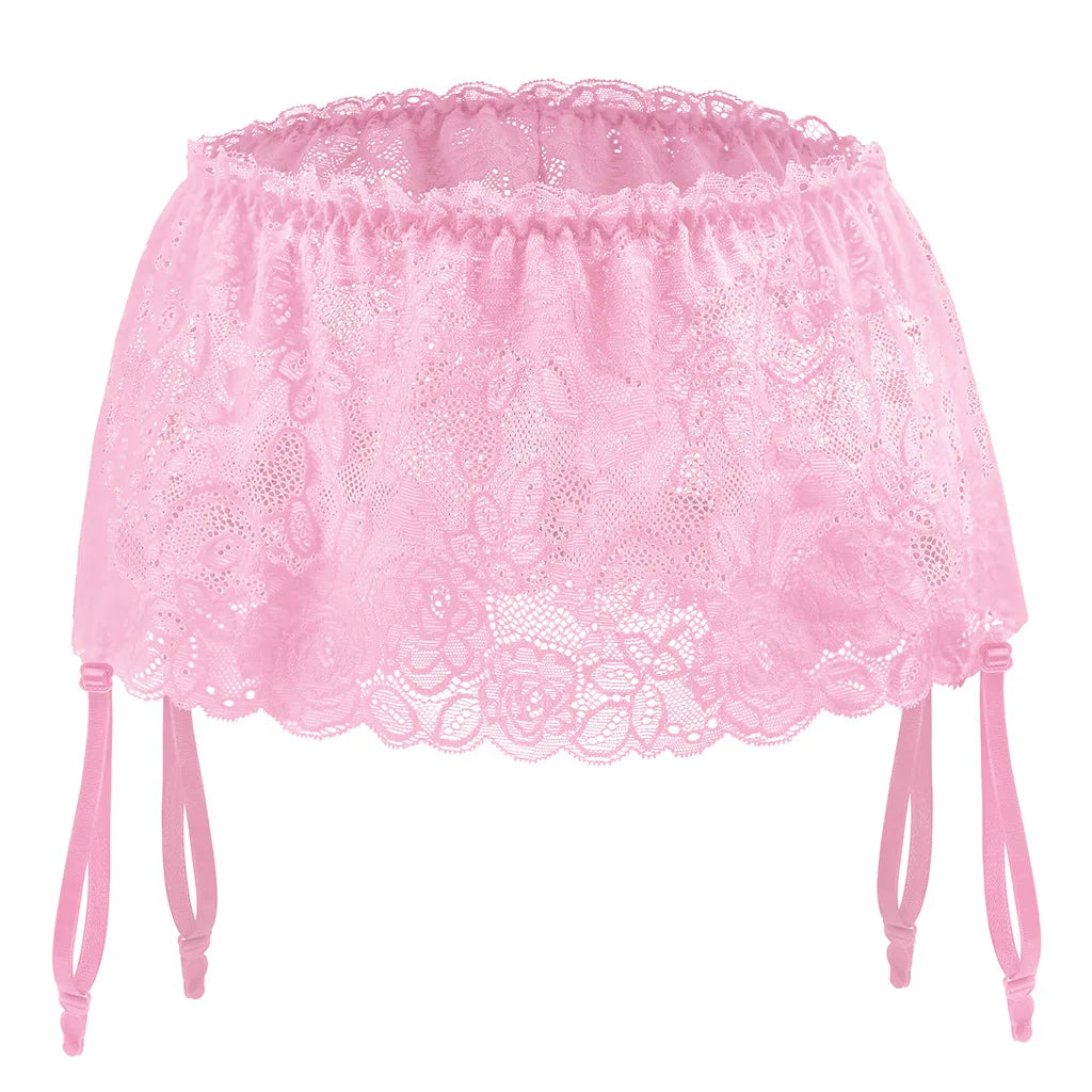 Sissy Skirted Lace Panties with Garter Belt — Sheer Mesh Femboy Bikini Underwear