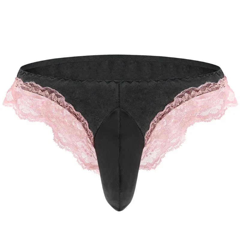 Sissy Satin & Lace Thong with Bugle Pouch — Frilly G-String Panties for Men