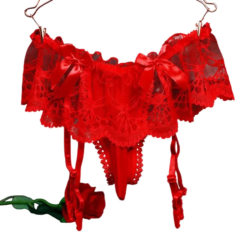Sissy Lace Ruffled Pouch Panties with Garter Belt — Thong Bikini Lingerie for Men