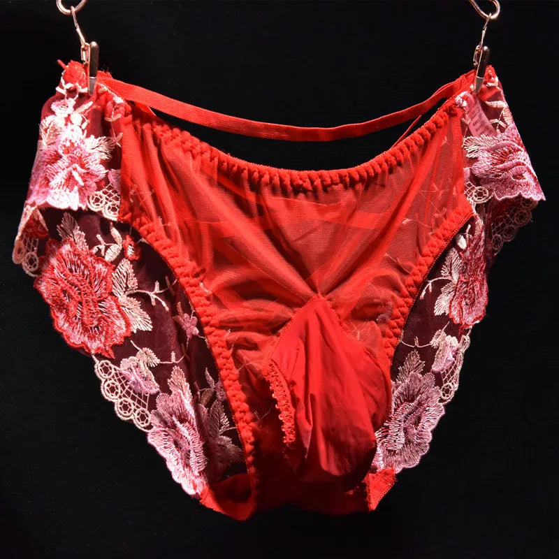 Sissy Embroidery Lace Pouch Briefs for Men — Sheer Floral Bullet Separation Underwear