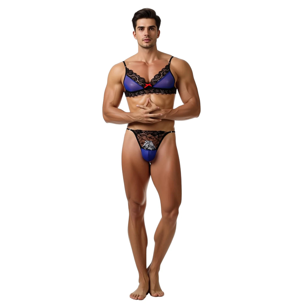 Sheer Lace Bralette & Thong Set — Mesh Lingerie for Crossdressers, Femboys & Drag