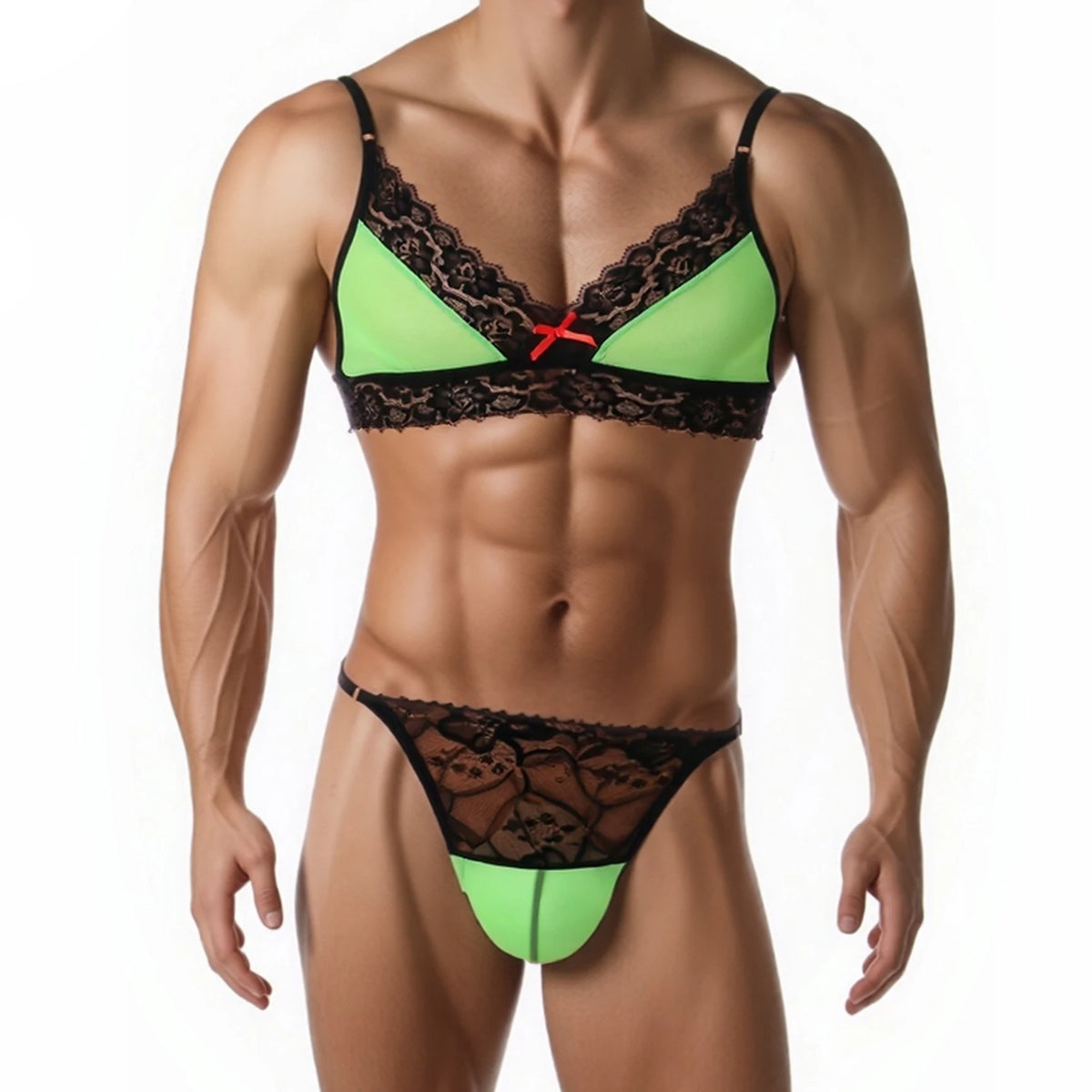 Sheer Lace Bralette & Thong Set — Mesh Lingerie for Crossdressers, Femboys & Drag