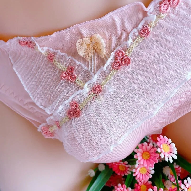 Japanese Lolita Women Panties for Men Ruffle Lace Embroidered Underwear Frilly Lingerie Briefs Gay Sissy Crossdress Nightwear