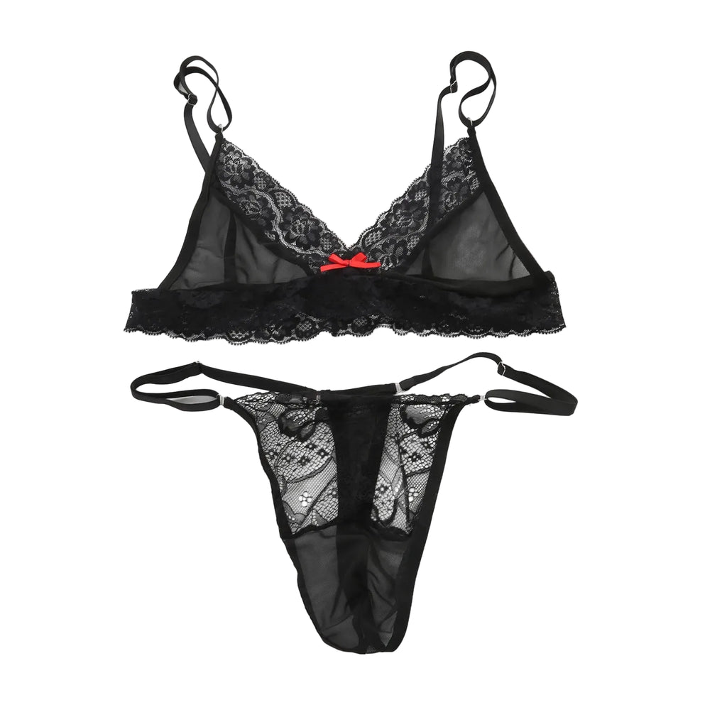 Sheer Lace Bralette & Thong Set — Mesh Lingerie for Crossdressers, Femboys & Drag