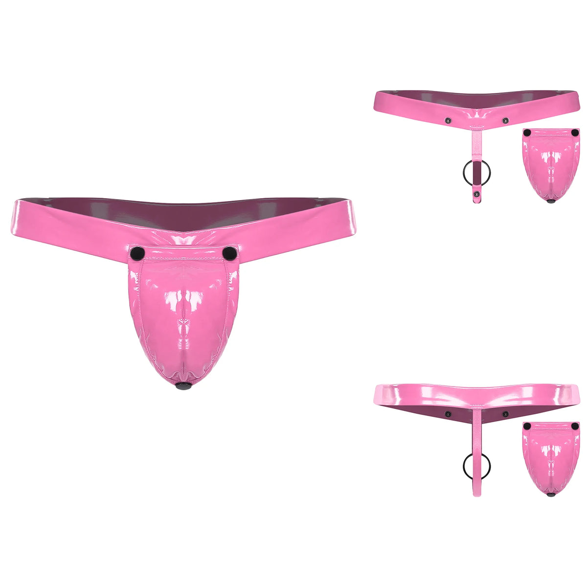 Glossy PU Leather O-Ring Thong with Detachable Pouch