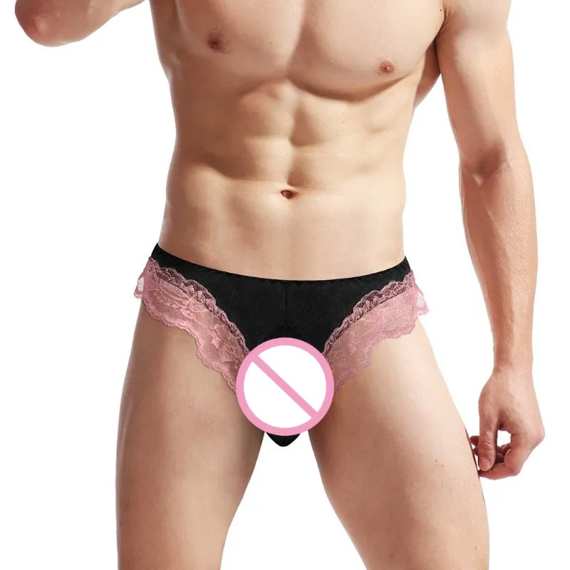 Sissy Satin & Lace Thong with Bugle Pouch — Frilly G-String Panties for Men