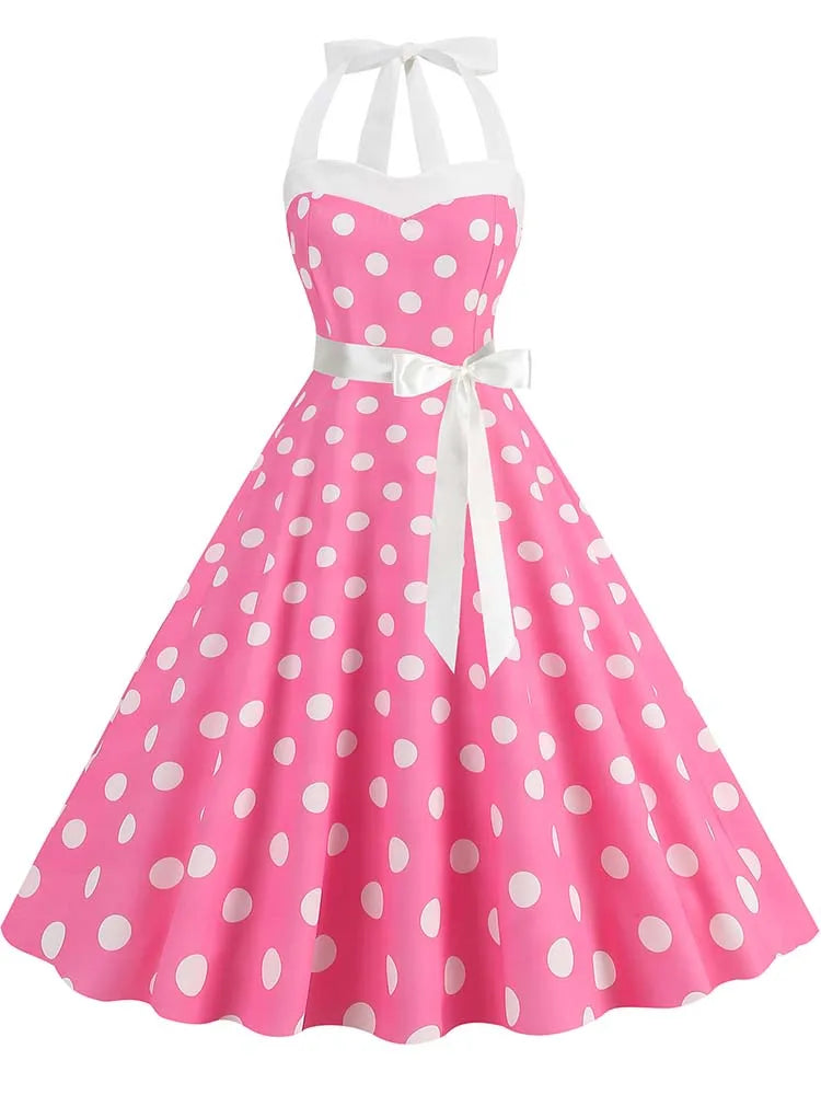 Polka Dot Halter Dress — Hepburn-Style 50s Vintage Party Dress with Belt