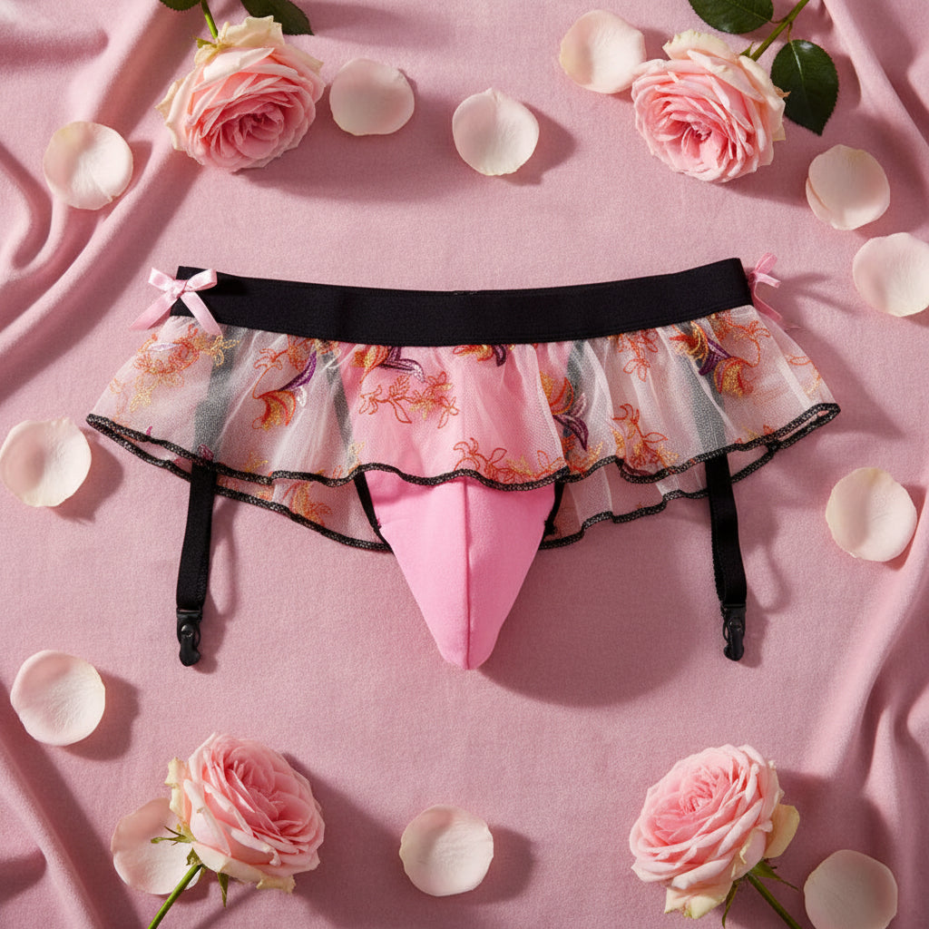Sissy Skirted Ruffle Thong with Garter Belt & Bowknot — Sheer Lace G-String Bikini Briefs