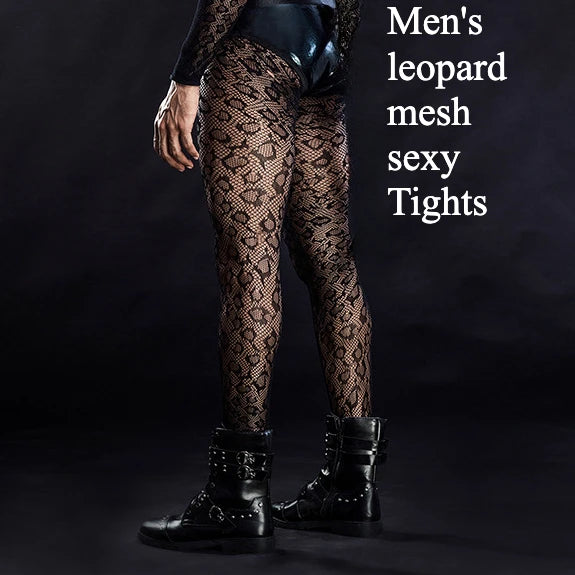 Midnight Leopard Mesh Pantyhose for Men | Black Stretch Tights