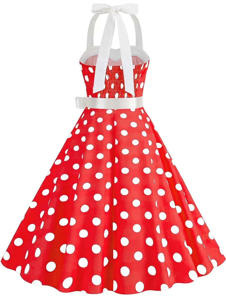 Polka Dot Halter Dress — Hepburn-Style 50s Vintage Party Dress with Belt