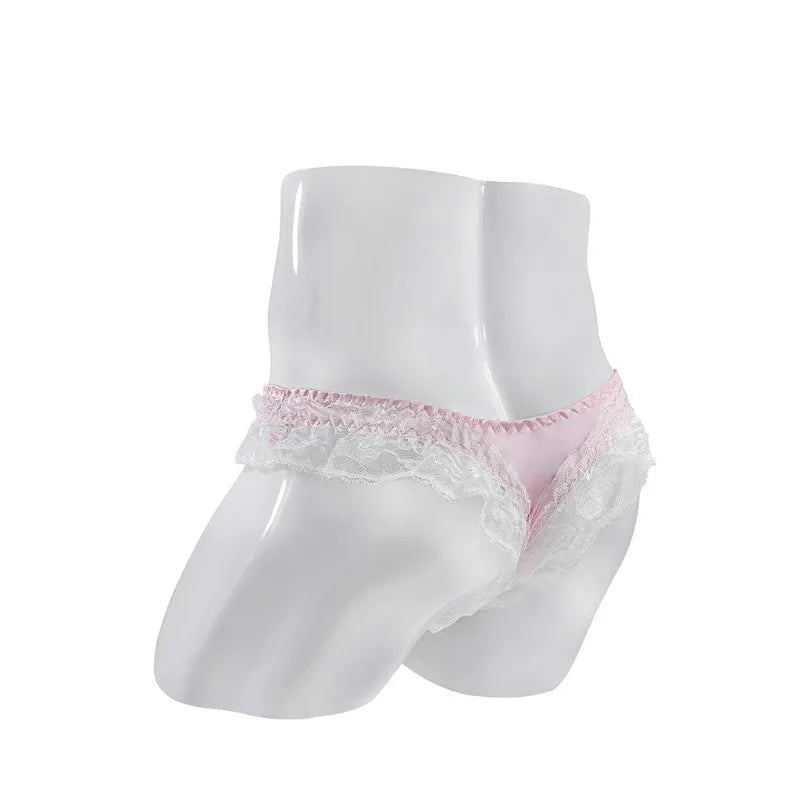 Sissy Satin & Lace Thong with Bugle Pouch — Frilly G-String Panties for Men