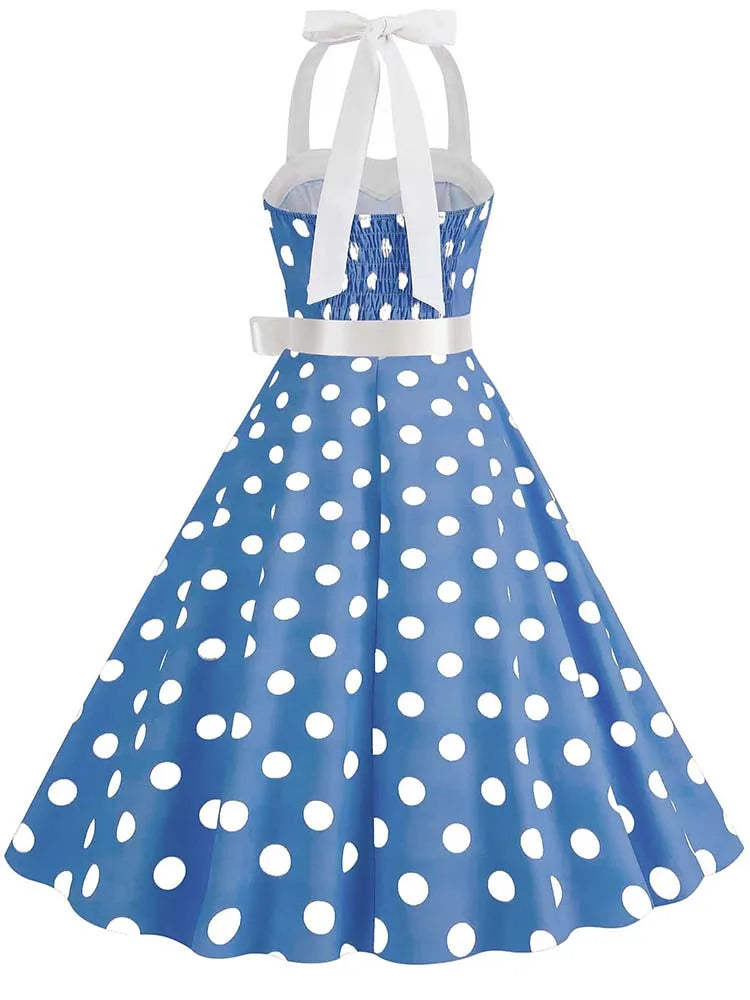Polka Dot Halter Dress — Hepburn-Style 50s Vintage Party Dress with Belt