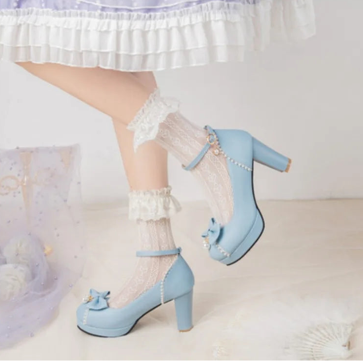 Women's High Heel Mary Jane Pumps | Lace Bow Princess Shoes for Cosplay, Lolita & Weddings