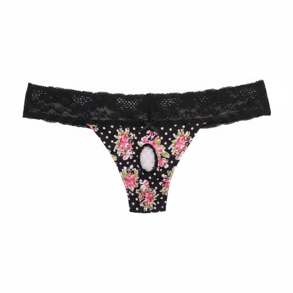 "Sissy Kailany" Lace Trim Crotchless Sissy Thong — Floral Crossdress Lingerie Panties