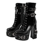 Load image into Gallery viewer, Rivet Belt Buckle Platform Lace-up Chunky Heel Boots
