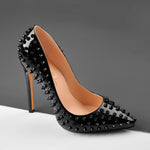 Load image into Gallery viewer, Pointed Toe Rivets Pumps Black Patent Leather Studded High Heels Pumps
