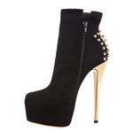 Load image into Gallery viewer, Black Suede Platform Golden Rivet Stiletto High Heel Ankle Boots
