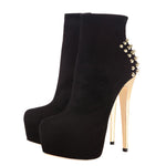 Load image into Gallery viewer, Black Suede Platform Golden Rivet Stiletto High Heel Ankle Boots
