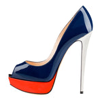 Load image into Gallery viewer, Retro Blue Peep Toe Stiletto Pumps with Red Platform
