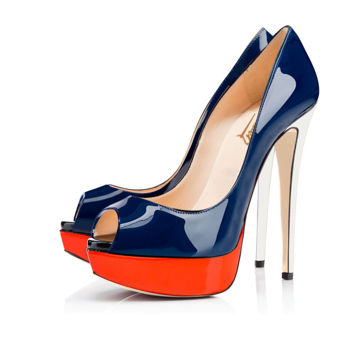 Retro Blue Peep Toe Stiletto Pumps with Red Platform