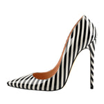 Load image into Gallery viewer, Black White Stripes Pointed Toe High Heel Pumps
