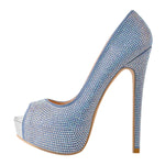 Load image into Gallery viewer, Blue Rhinestone Peep Toe Platform Stiletto High Heel Pumps
